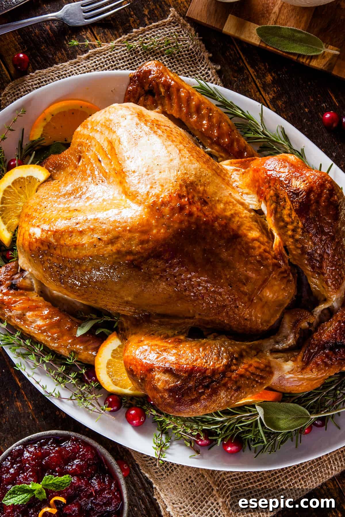 A roasted Thanksgiving turkey garnished with citrus slices and green herbs, ready for serving.