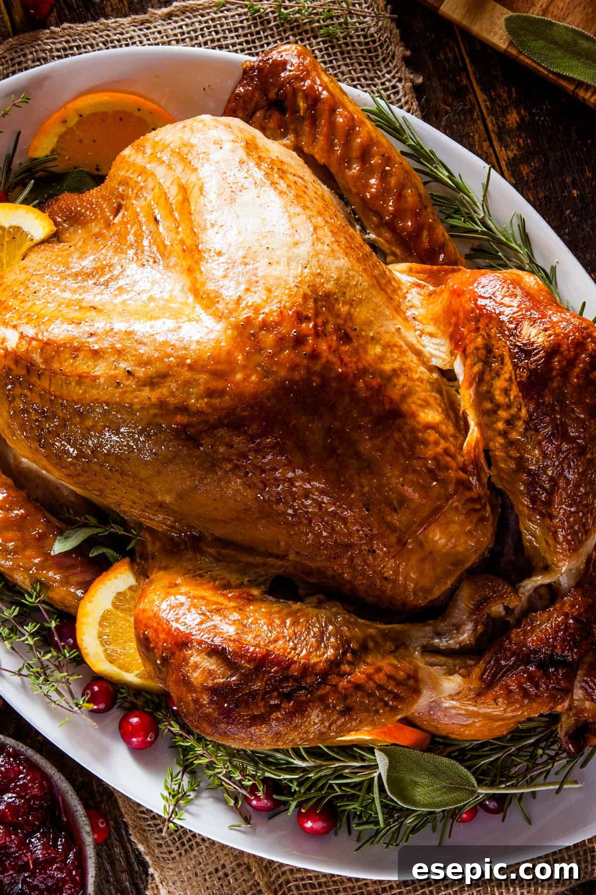 A whole roasted Thanksgiving turkey presented on a festive platter, garnished with vibrant citrus slices and fragrant green herbs.