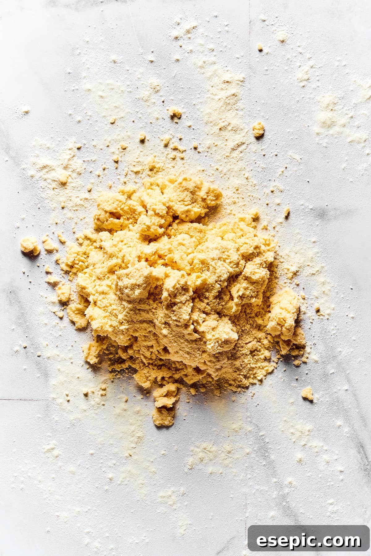 Crumbly biscuit dough on a marble work surface.