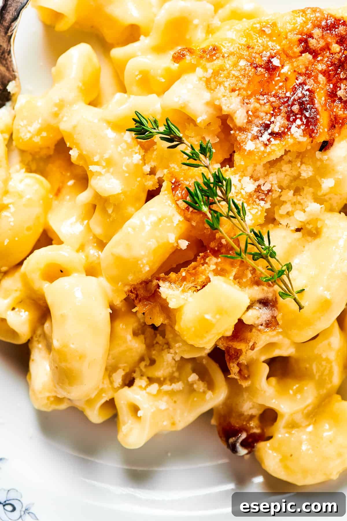 Close-up shot of baked mac and cheese, to show the texture.