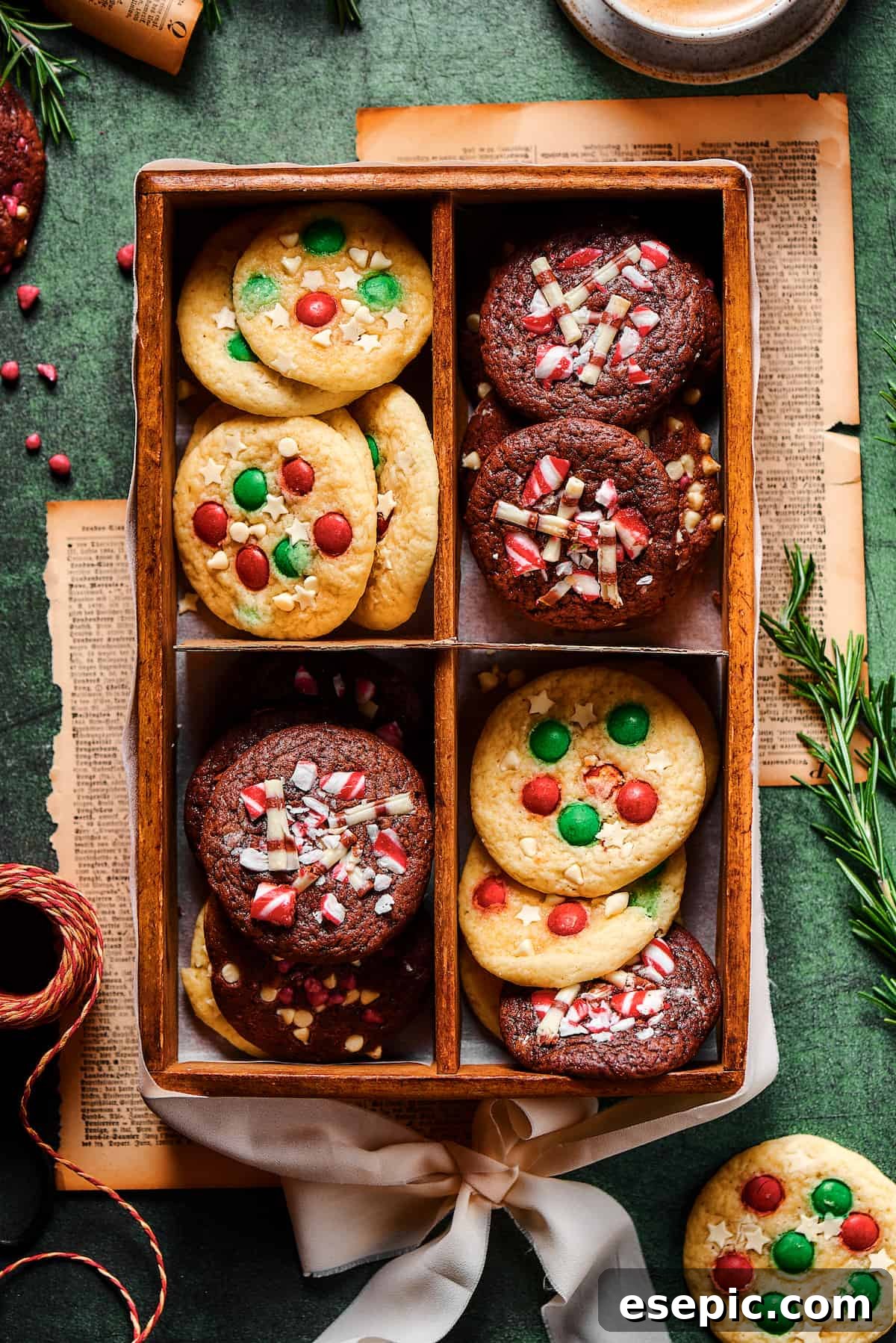 Yuletide Cake Mix Wonders 2 A festive display of chocolate and vanilla Christmas cake mix cookies, artfully arranged in a decorative gift box, ready for sharing or a holiday cookie swap.