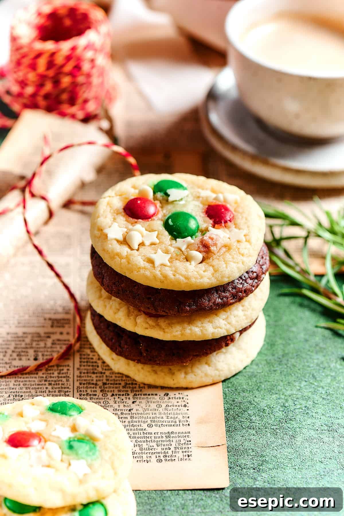 Easy vanilla and chocolate Christmas Cake Mix Cookies are studded with red and green M&Ms, and decorated with even more holiday goodies! A beautifully arranged stack of alternating chocolate and vanilla cake mix cookies, showcasing their inviting textures and festive appeal.