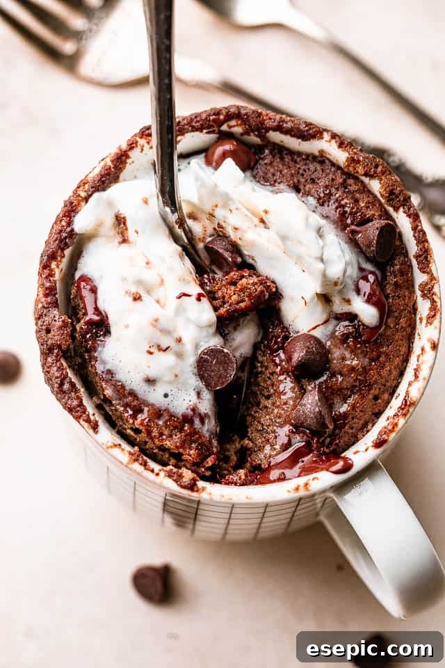 A spoon digging into a rich chocolate mug cake topped with whipped cream, ready to be enjoyed.
