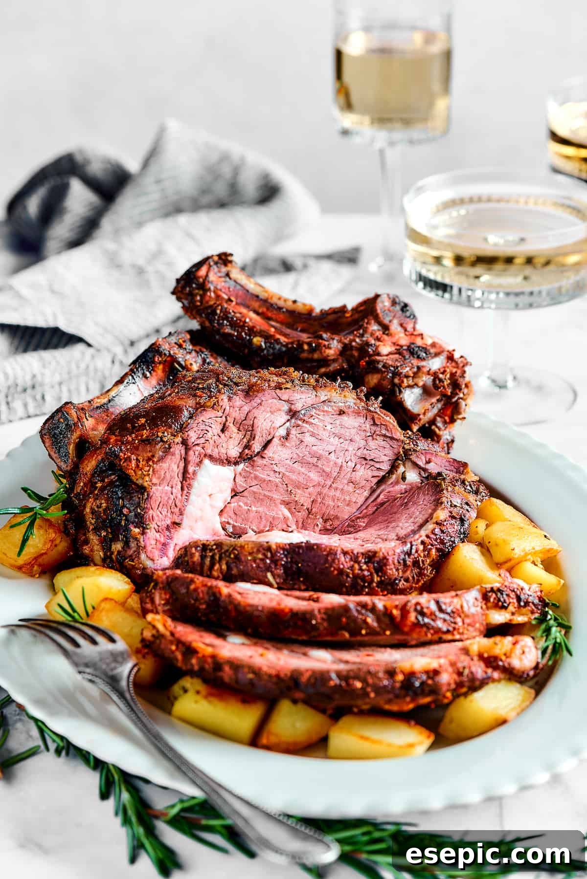 A perfectly cooked bone-in rib roast, sliced and plated on a white serving dish with vibrant herbs.
