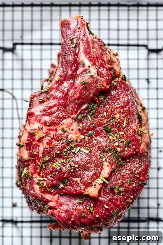 A bone-in rib roast generously sprinkled with a savory seasoning blend, resting on a wire rack.