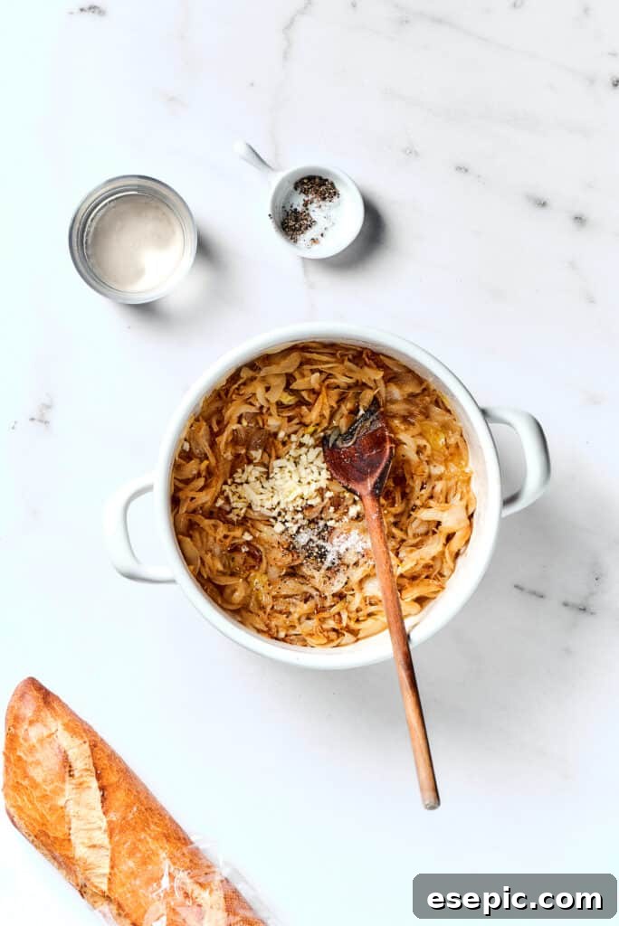 Close-up of deeply caramelized onions in a pot, with minced garlic just added and being stirred in, releasing its aroma.