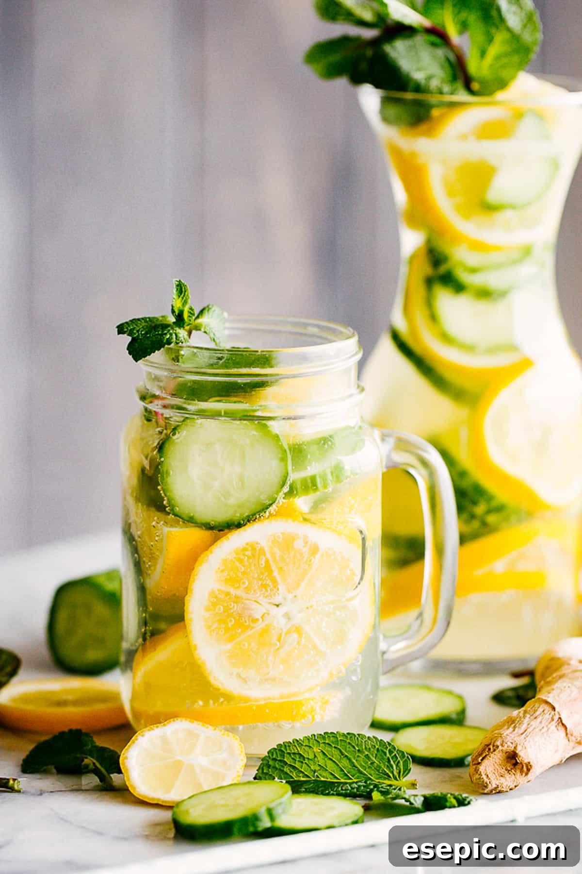 lemon cucumber water served in a mason jar with handle, and in a tall carafe