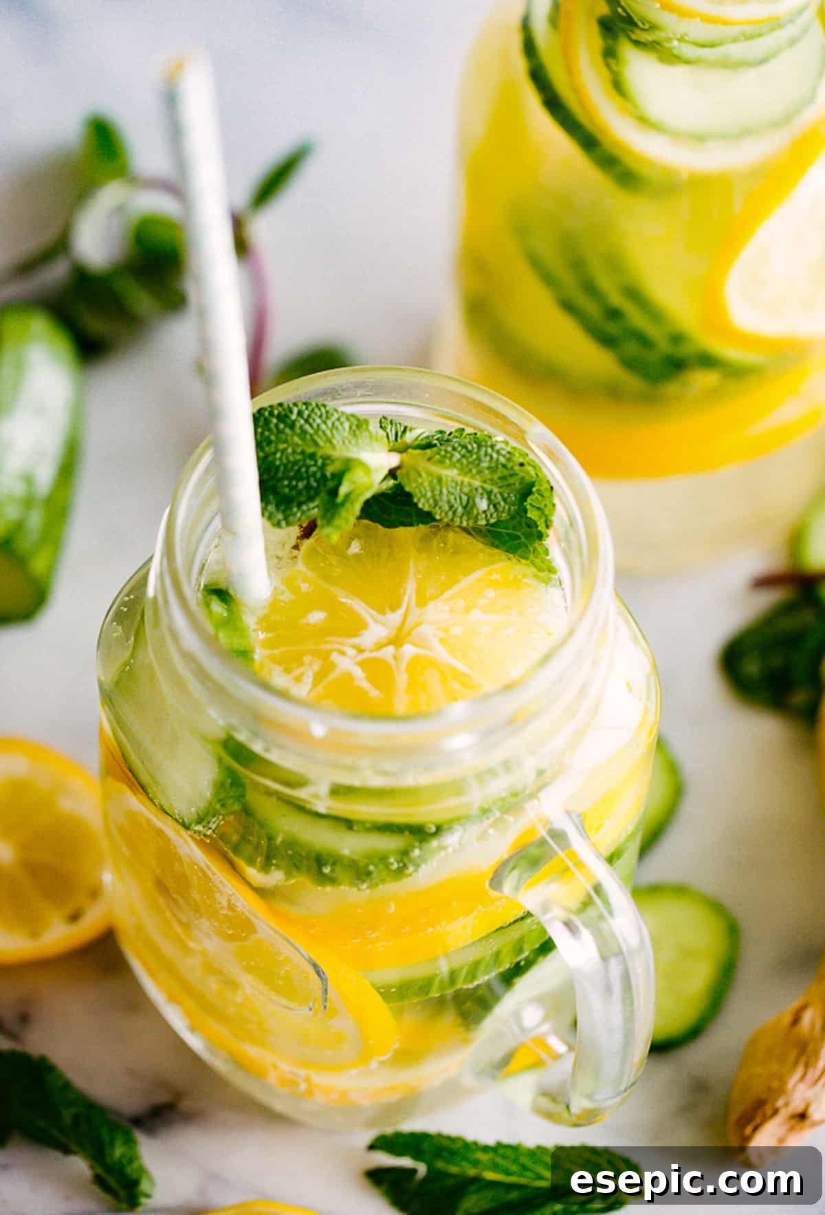 Close-up of refreshing Cucumber Lemon Water in a mason jar glass, adorned with a straw and fresh mint.