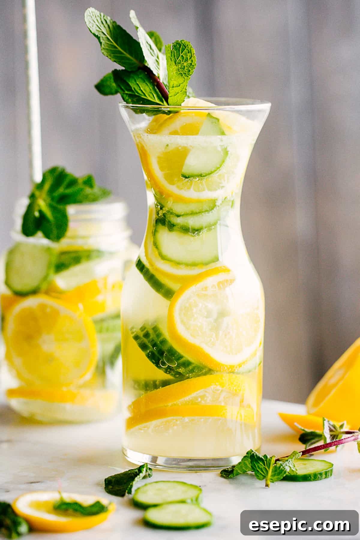 lemon cucumber water served in a mason jar with handle, and in a tall carafe