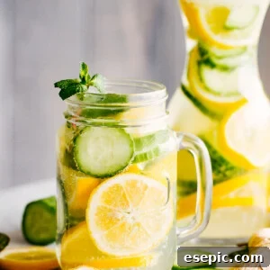 lemon cucumber water served in a mason jar with handle, and in a tall carafe