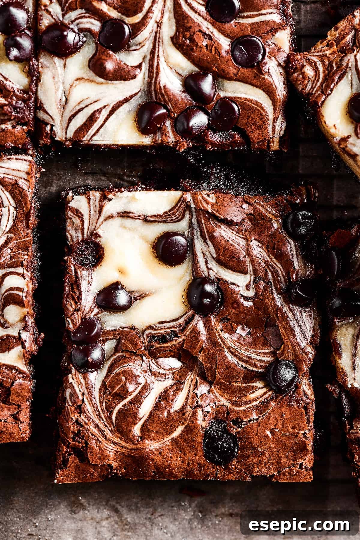 Close-up shot of a cream cheese swirl brownie dotted with chocolate chips, ready to be enjoyed.
