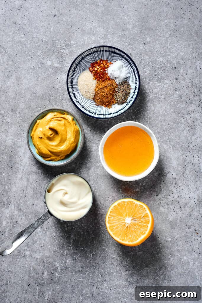 From top: Spices, honey, lemon, mayonnaise, mustard.