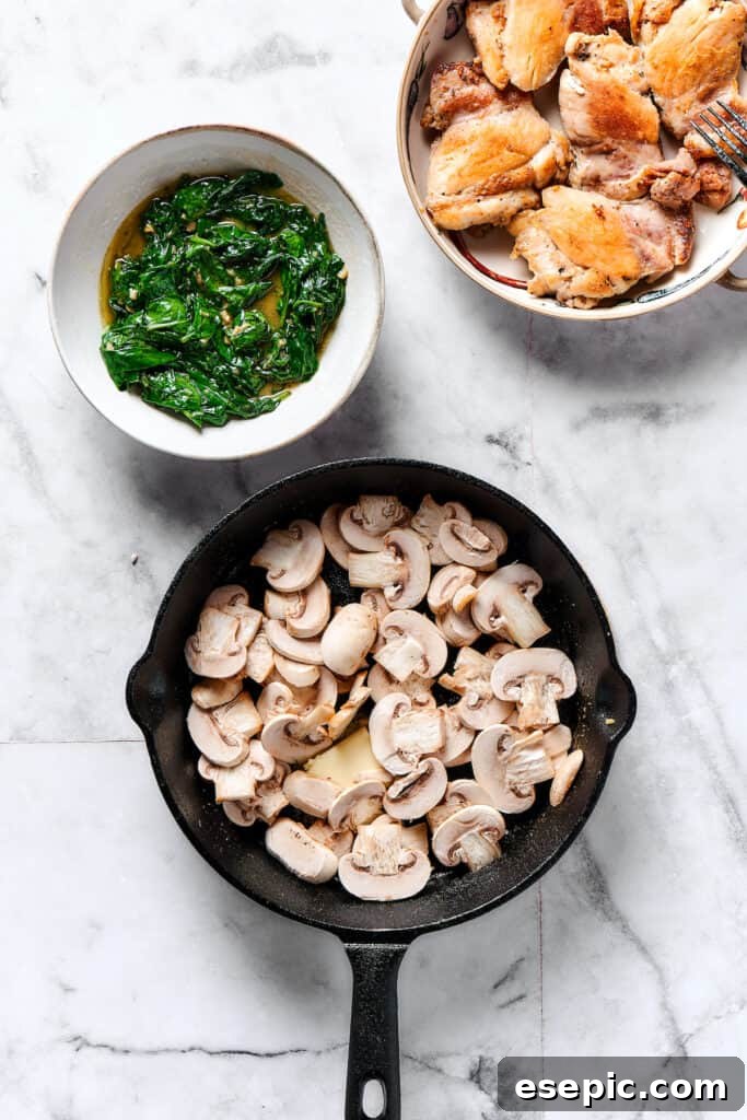Velvety Chicken Gnocchi Delight 4 Sliced mushrooms cooking in a skillet, turning golden brown and tender.
