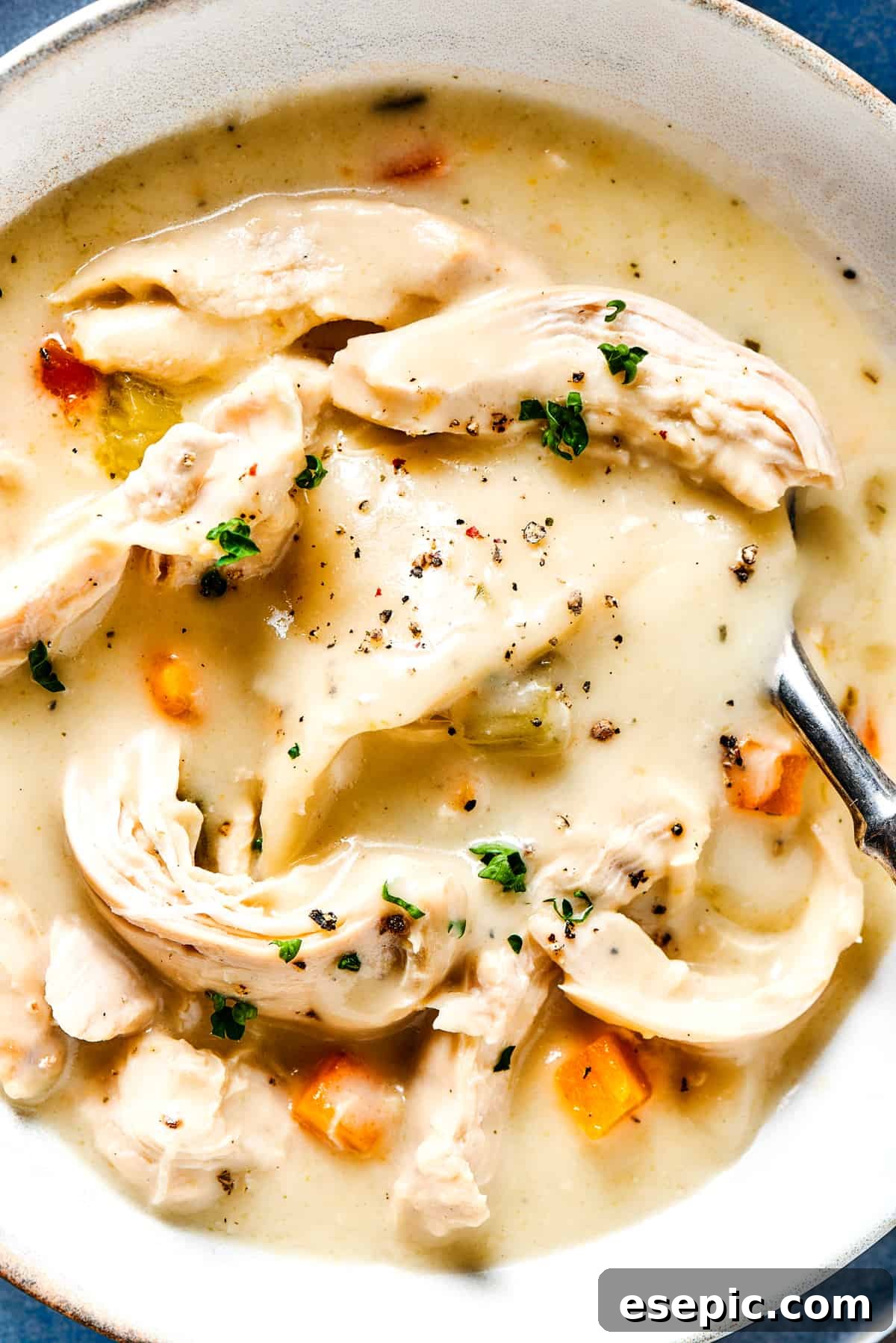 Southern-style Chicken and Dumplings are made with soft rolled dumplings, a rich, creamy broth, with tender pieces of white meat chicken. Stirring a bowl of chicken and dumplings with a spoon.