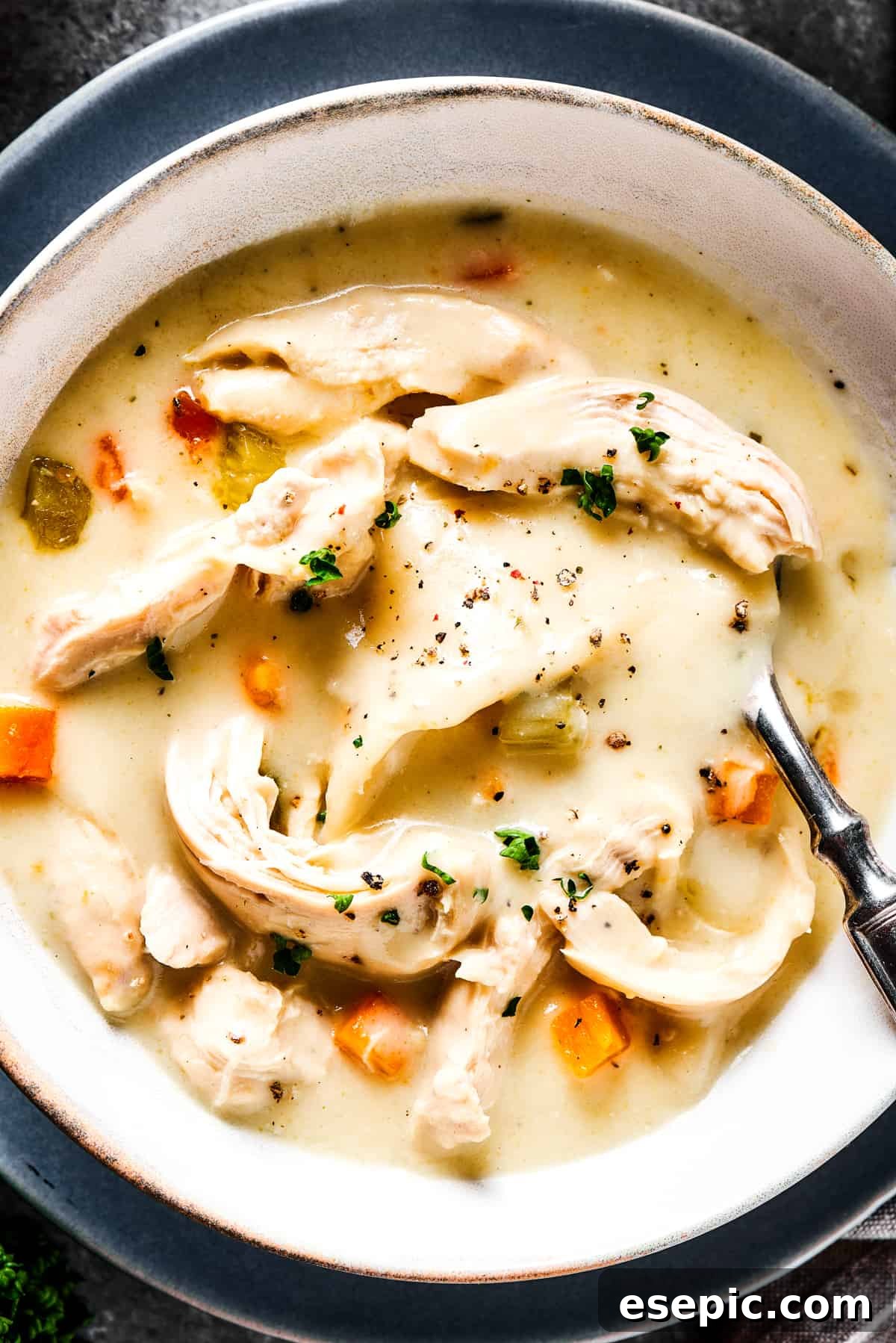 Southern-style Chicken and Dumplings are made with soft rolled dumplings, a rich, creamy broth, with tender pieces of white meat chicken. Thick chicken soup garnished with herbs.
