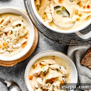 Simple Comfort Chicken and Dumplings 9 Creamy chicken and dumplings in a pot, along with two bowls of the dish.
