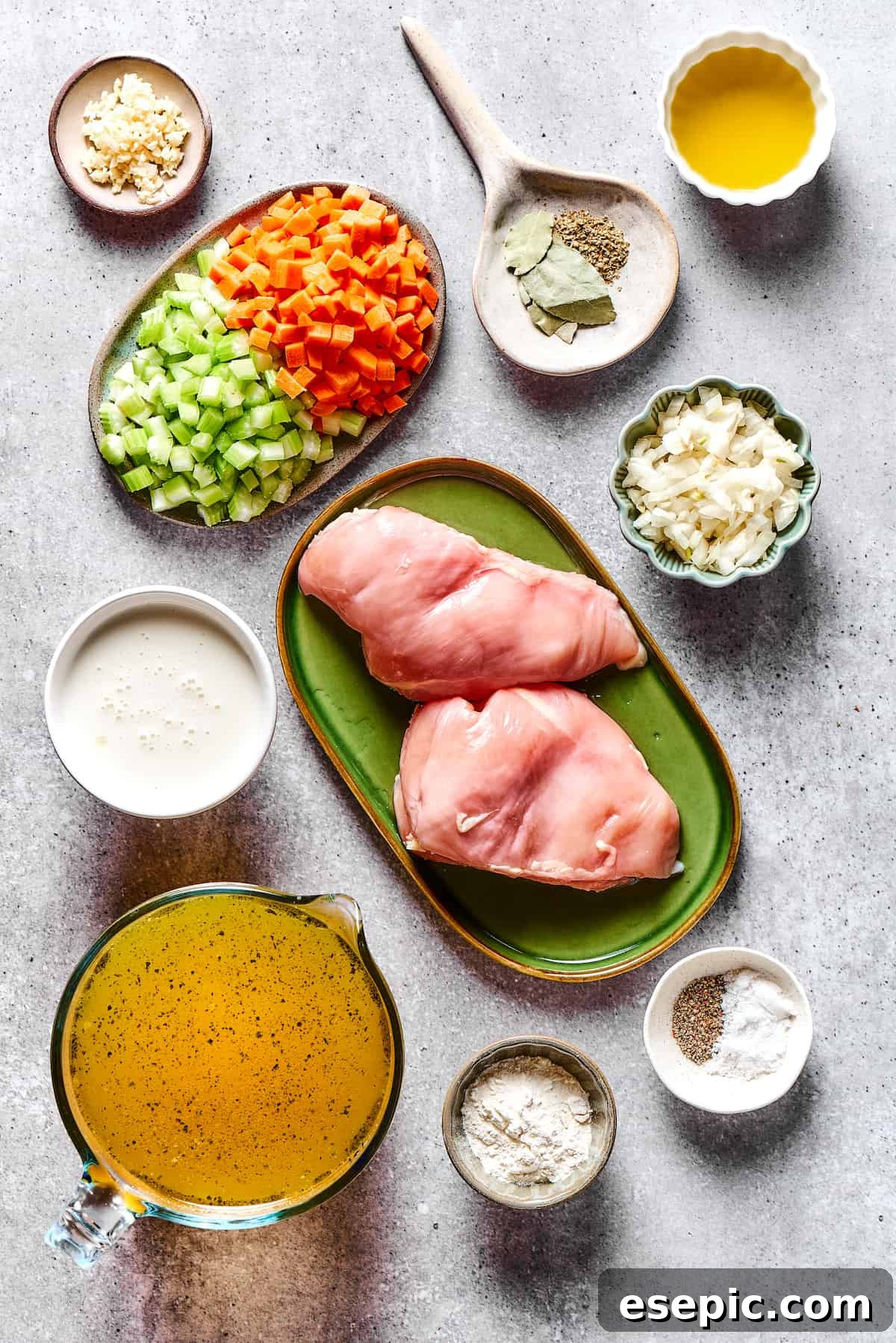 Simple Comfort Chicken and Dumplings 2 Chicken and dumplings ingredients measured and arranged on a countertop.