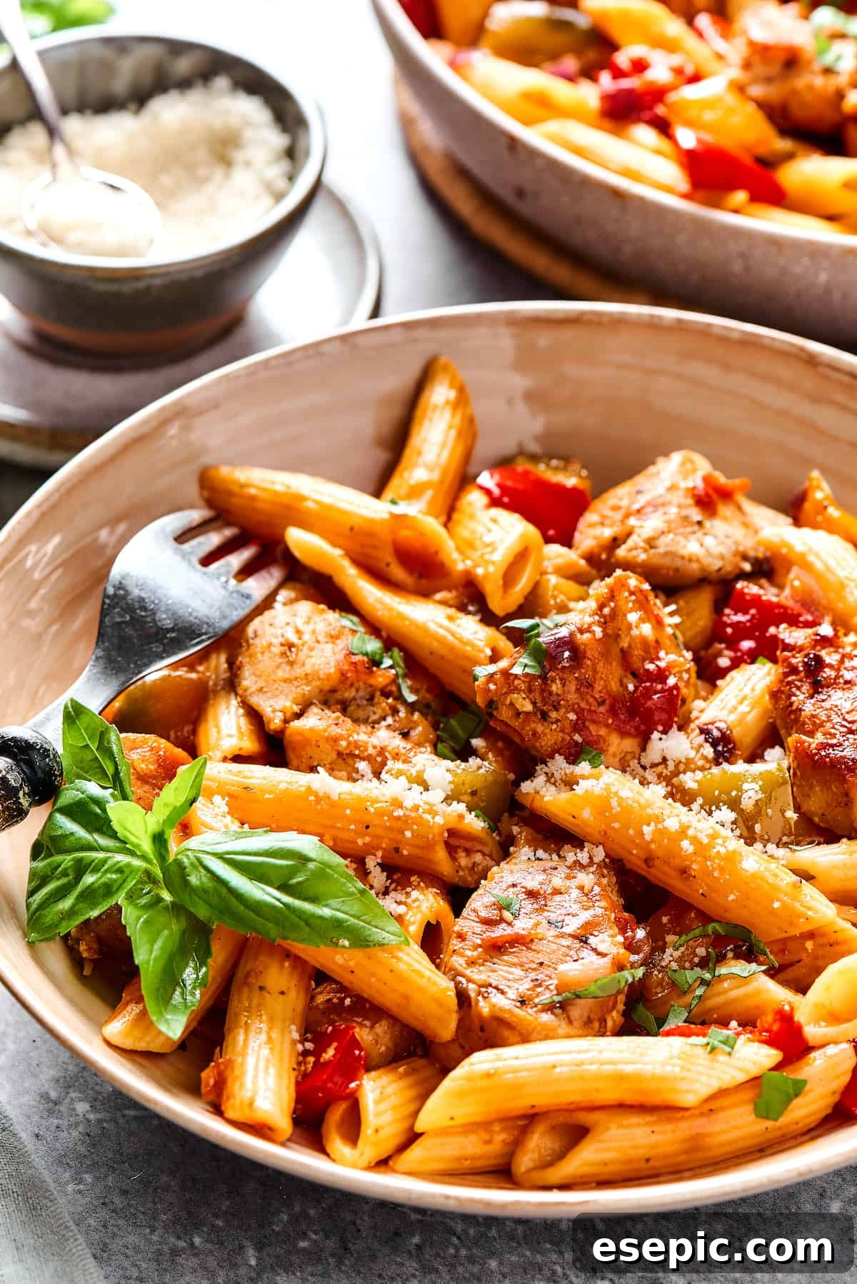 Penne pasta with vegetables and chicken.