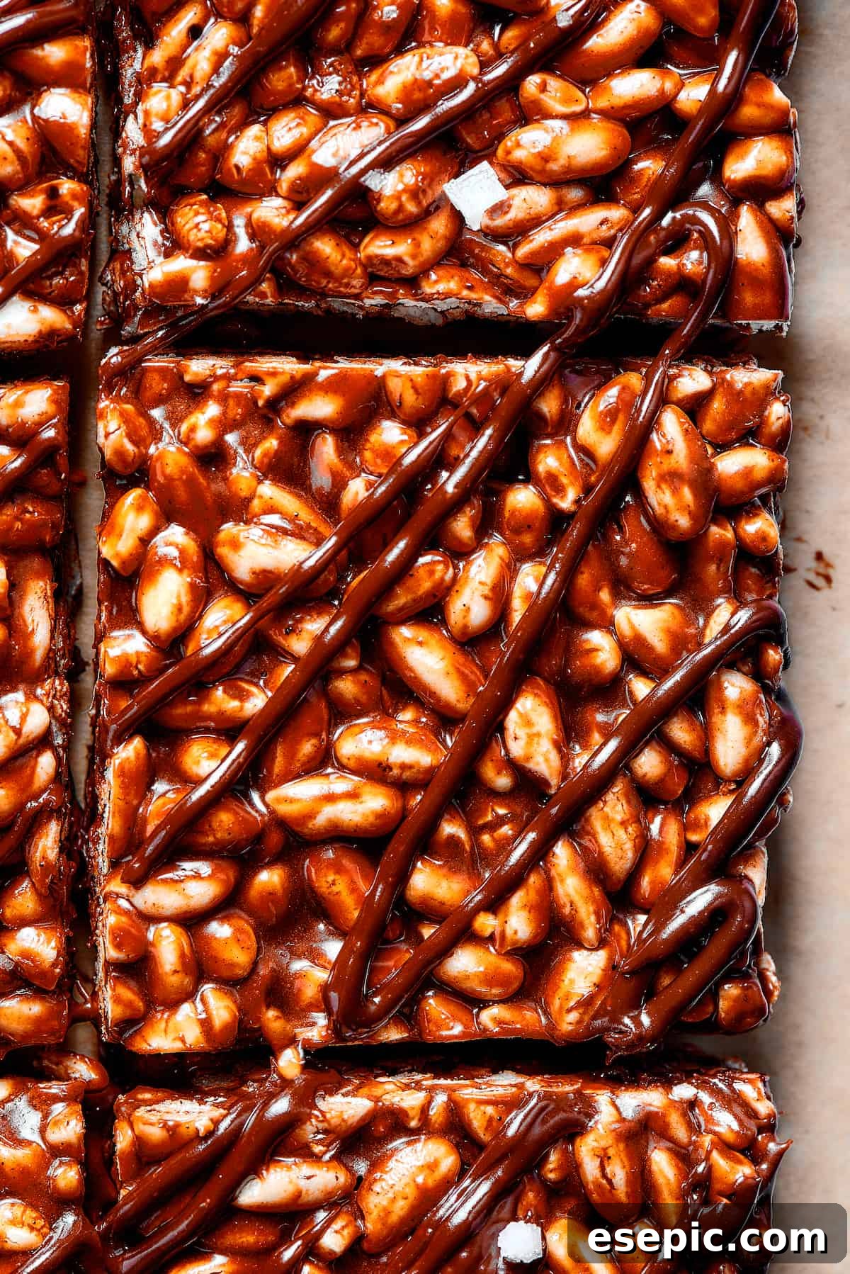 Freshly made chocolate rice krispie treats, glazed and ready to eat. Squares of chocolate rice crispy bars with a dark chocolate drizzle over the top, arranged on a serving plate.