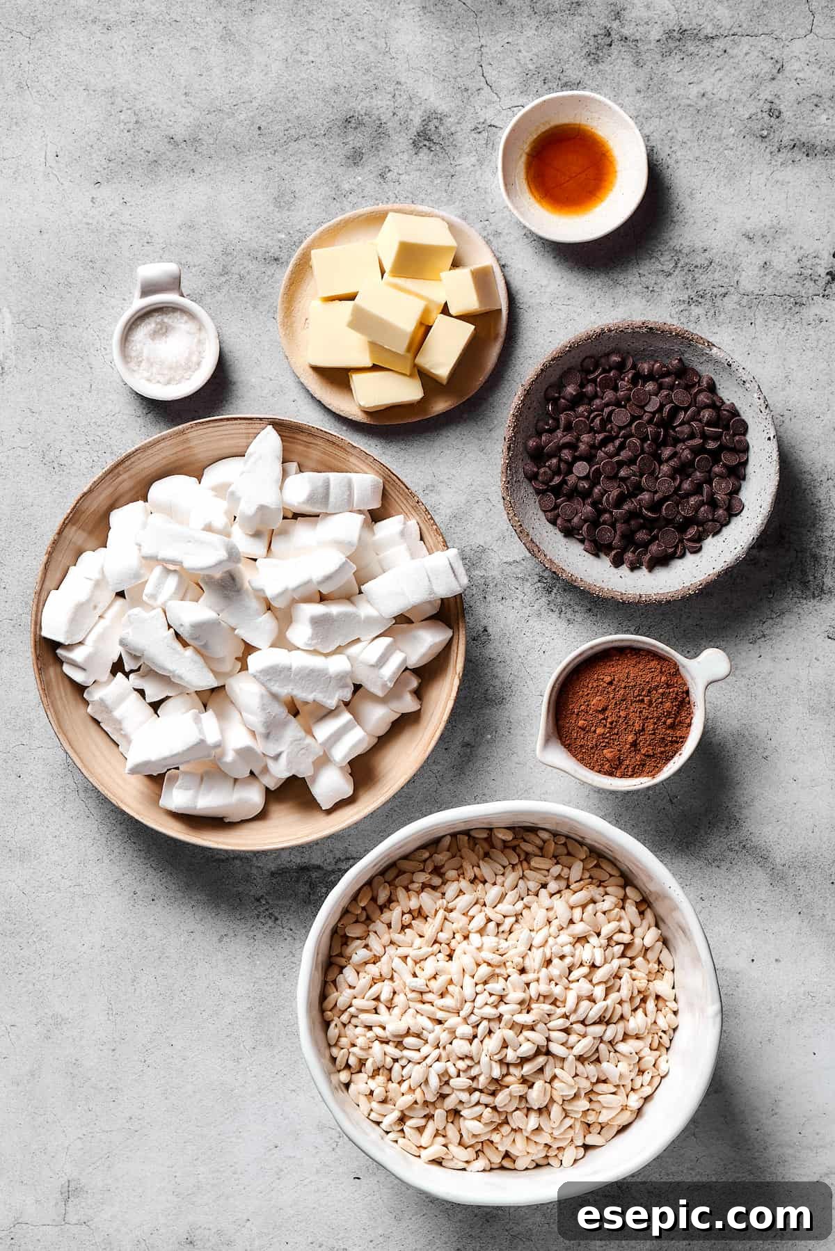 A spread of fresh ingredients for making homemade chocolate rice krispie treats. Ingredients for chocolate rice krispie treats neatly arranged: vanilla, chocolate chips, cocoa powder, crispy rice cereal, marshmallows, butter, and flaky sea salt.