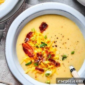 Baked potato soup topped with bacon, cheese, and chopped green onion.