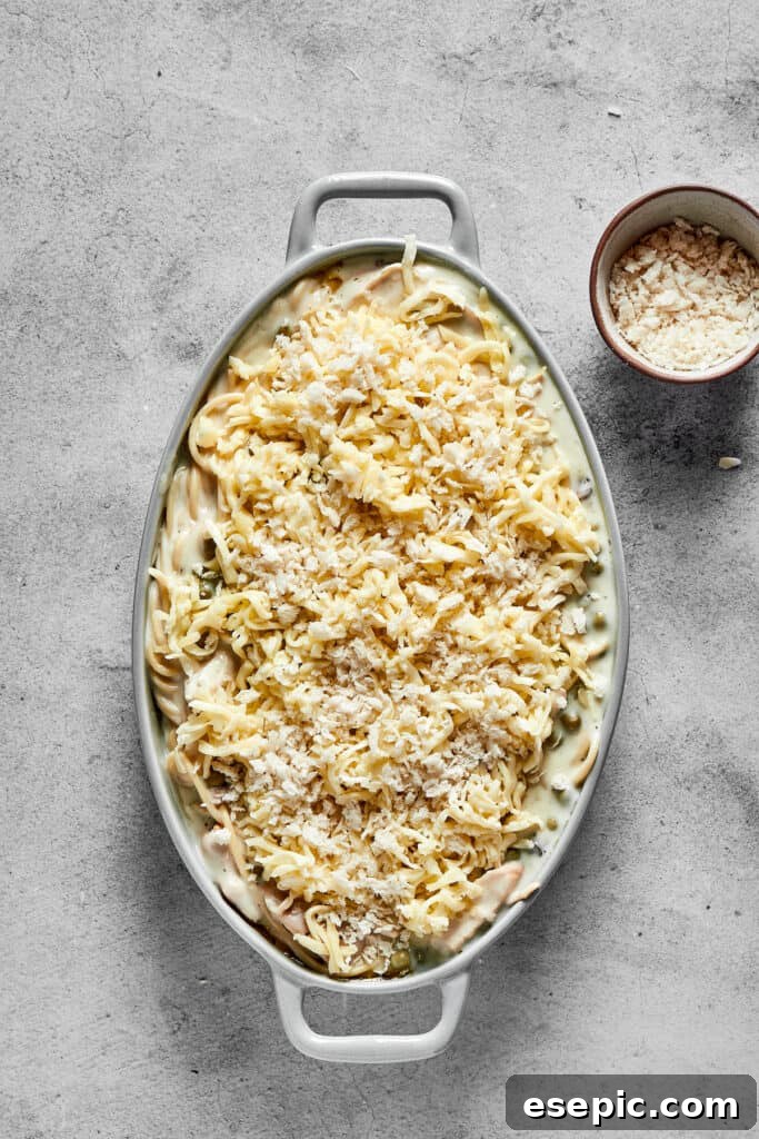 The assembled, unbaked chicken tetrazzini casserole, topped with mozzarella and breadcrumbs, ready for the oven.