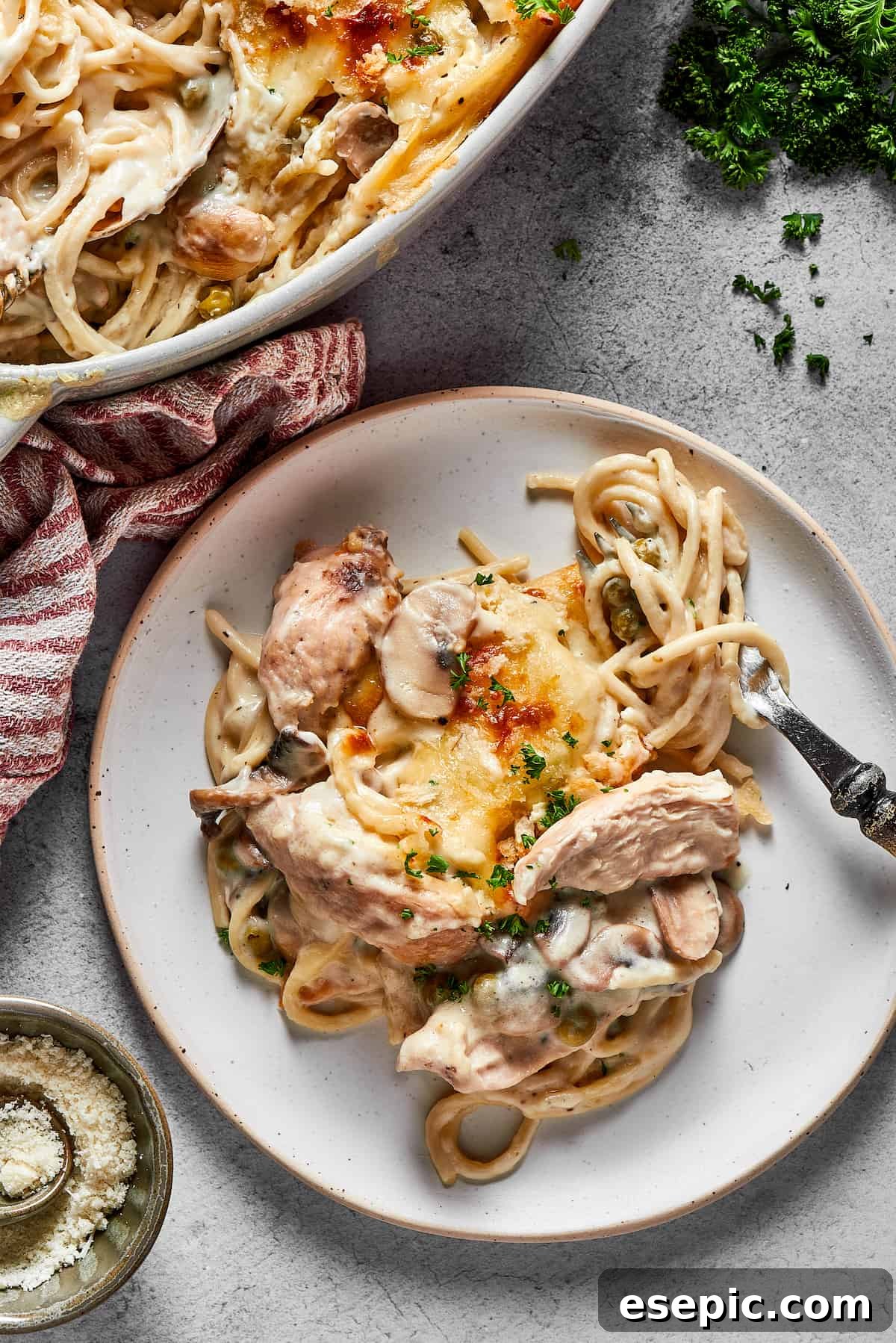 A dinner plate of chicken tetrazzini casserole next to the larger casserole dish, all on a white table, showcasing its cheesy topping.