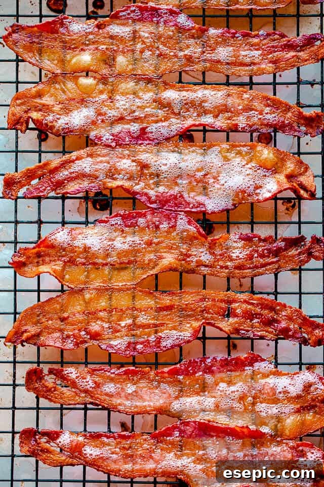 Freshly baked crispy oven bacon cooling on a metal rack, ready to be served.