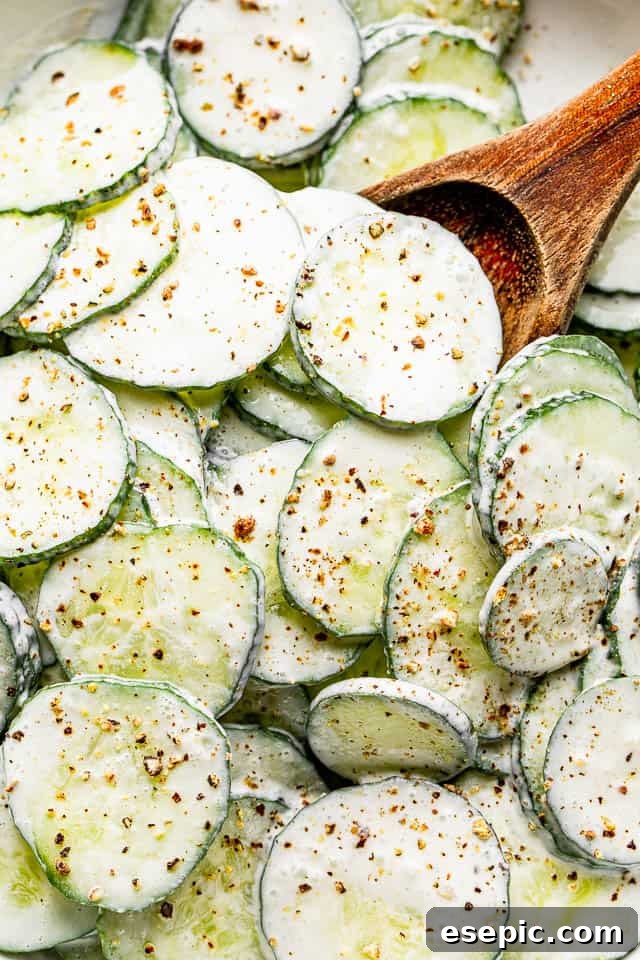 A close-up, top-down view of a wooden spoon scooping out creamy cucumber salad from a white bowl, showcasing the tender slices.