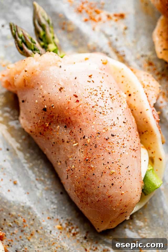 Raw chicken breast rolled up with asparagus, prosciutto, and cheese