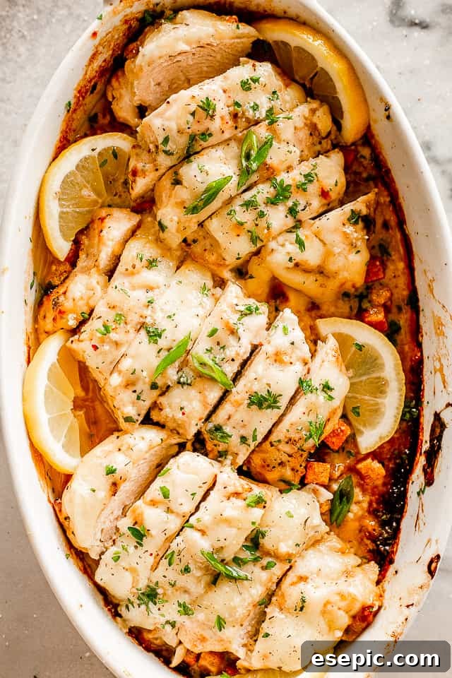 Artfully sliced baked Caesar chicken breasts arranged in a white baking dish, elegantly garnished with fresh lemon slices, highlighting their tender texture.