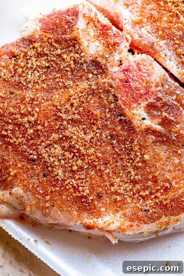 Raw bone-in pork chops generously coated with a savory seasoning rub