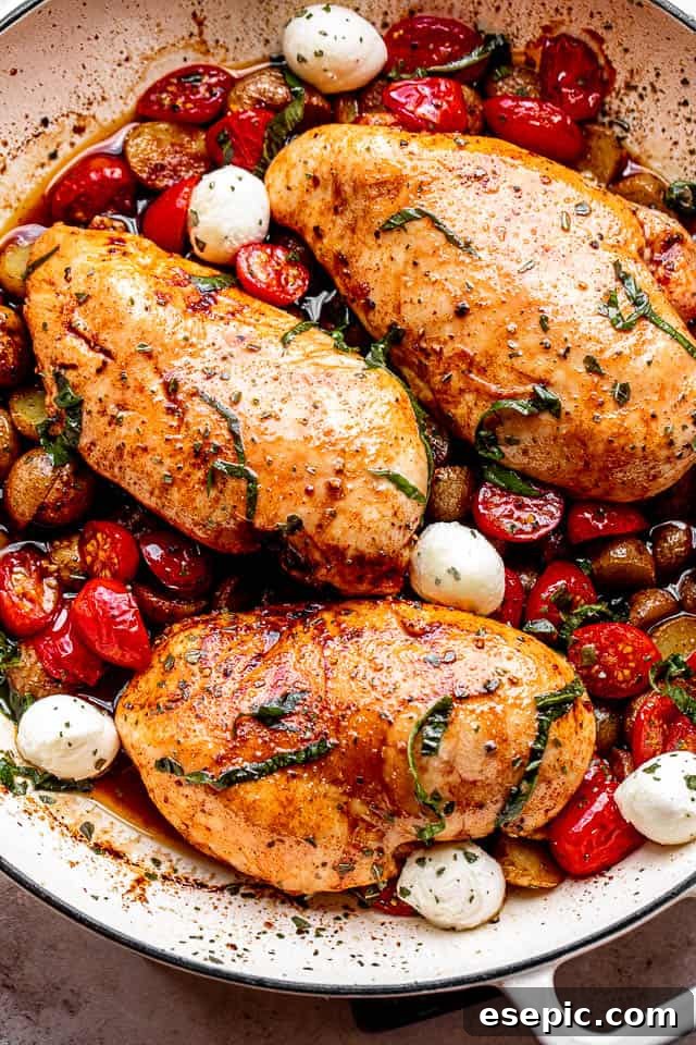 Sticky Balsamic Chicken and Roasted Potatoes 3 chicken breasts brushed with balsamic vinegar and set next to cherry tomatoes, mozzarella cheese balls, and garnish of basil
