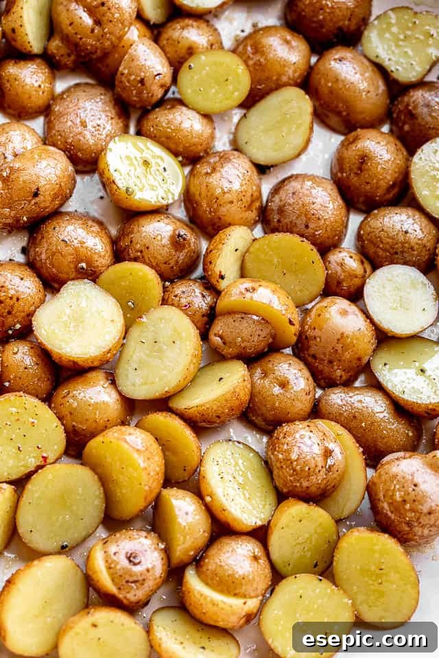 Sticky Balsamic Chicken and Roasted Potatoes 4 top view of yellow potatoes cut in half