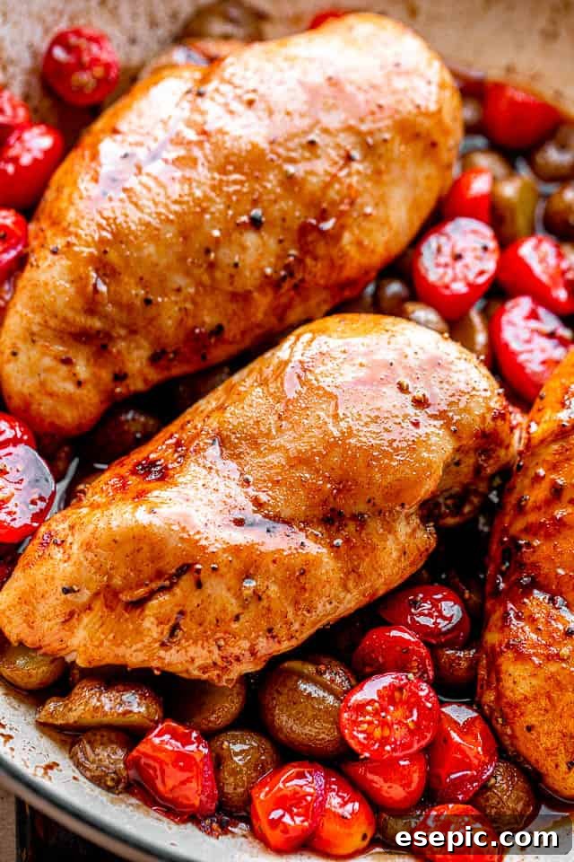 Sticky Balsamic Chicken and Roasted Potatoes 5 chicken breasts set over a bed of cherry tomatoes and small potatoes