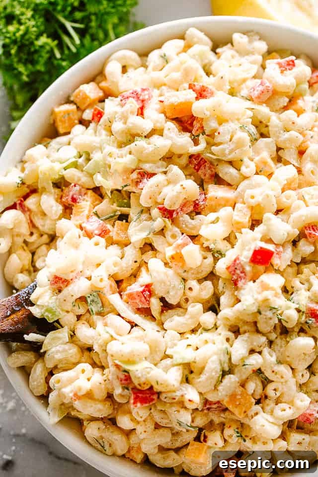 A vibrant bowl of macaroni salad with a serving spoon, showcasing its rich texture and colorful ingredients, perfectly chilled and ready for a meal.