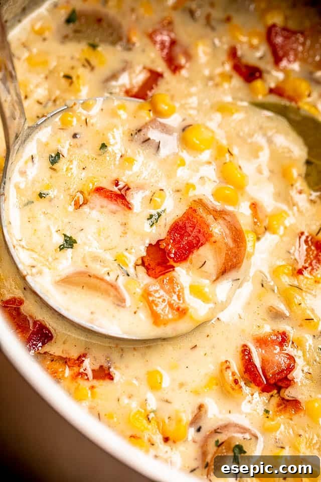 A ladle scooping creamy Instant Pot Corn Chowder out of the Instant Pot, highlighting its rich texture and corn kernels.