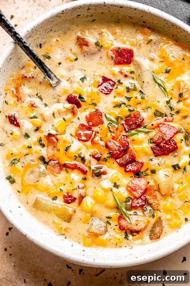 A close-up of a silver spoon inside a bowl of creamy corn chowder, garnished with crispy bacon, sliced green onions, and fresh parsley.