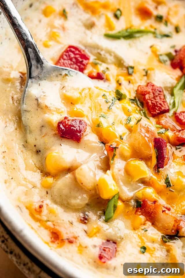 An up-close shot of a spoon filled with creamy Instant Pot Corn Chowder, showing the chunks of corn, potatoes, and bacon.