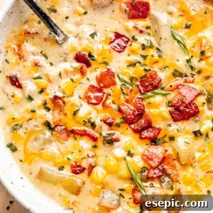 A silver spoon resting in a bowl of creamy corn chowder, topped with crispy bacon, fresh green onions, and parsley.