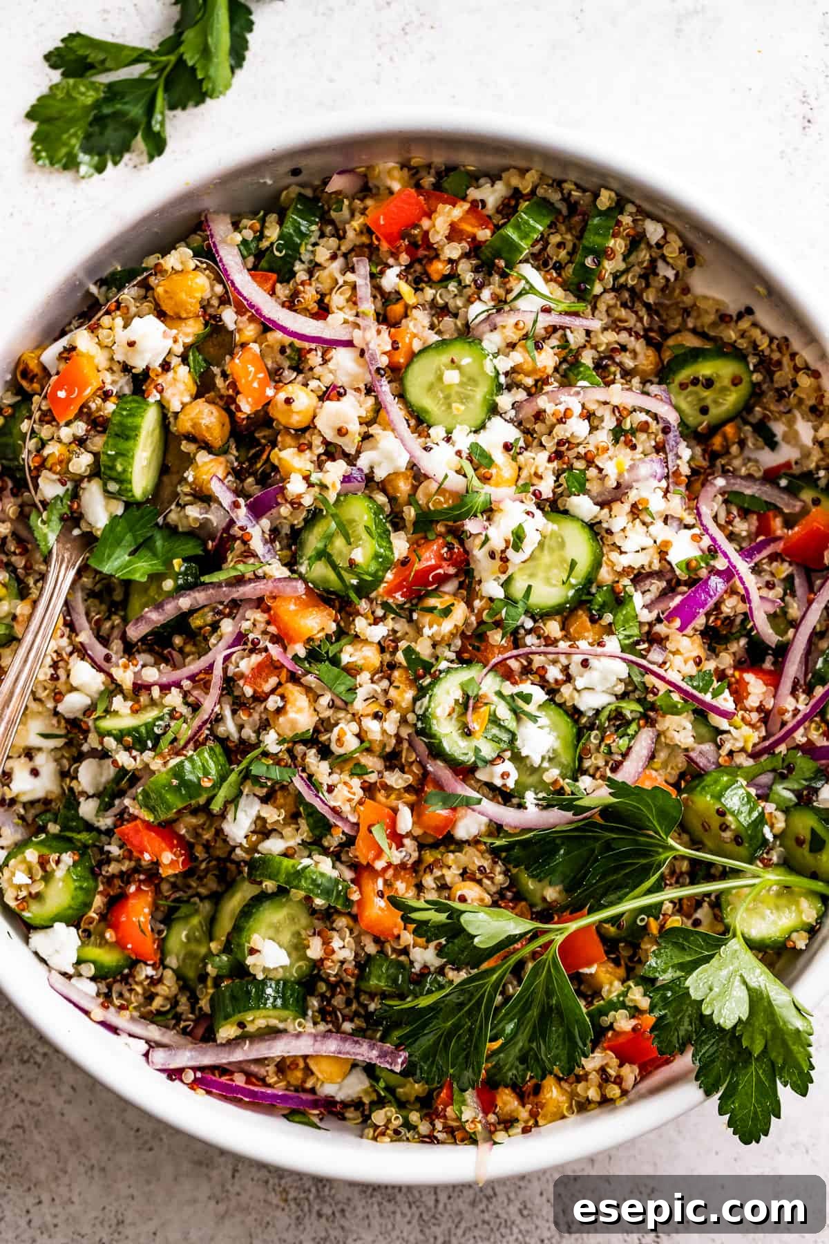 An overhead shot of a large, colorful Jennifer Aniston salad in a rustic bowl, showcasing tri-color quinoa, roasted chickpeas, feta, and fresh vegetables, all ready to be enjoyed.
