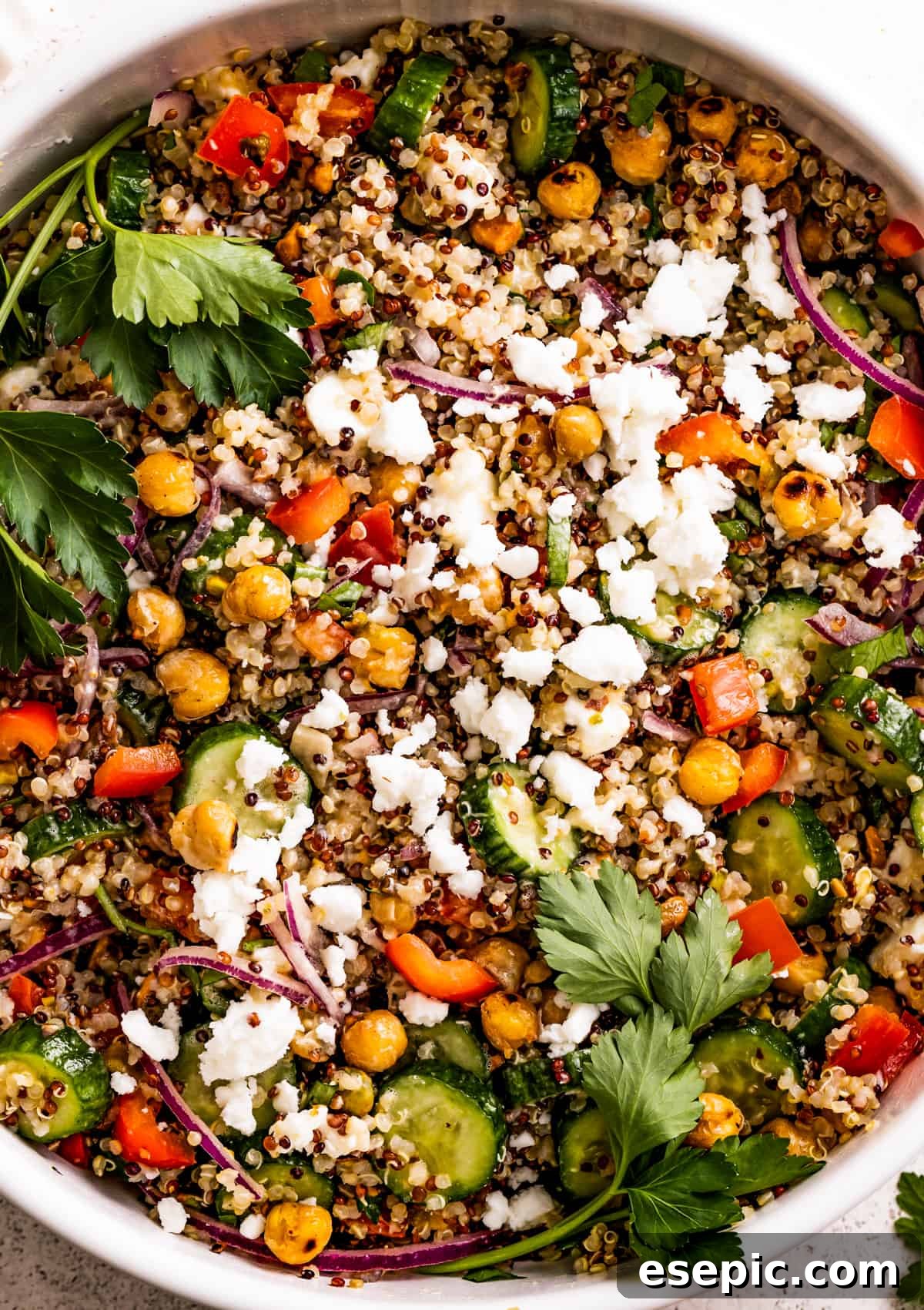A close-up shot of the vibrant Jennifer Aniston salad, highlighting the textures of crispy chickpeas, fresh cucumbers, red onions, bell peppers, herbs, and the creamy crumble of feta cheese.