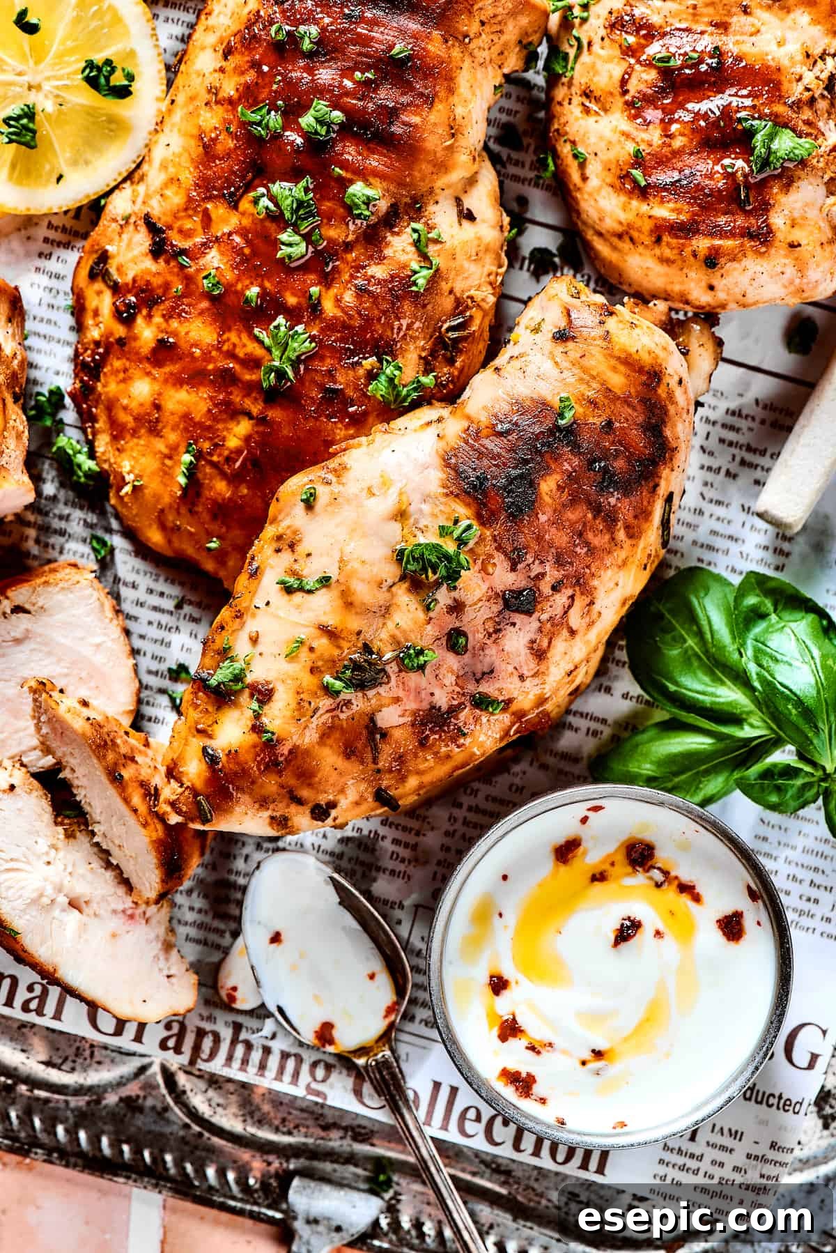 Grilled lemon chicken sprinkled with herbs, next to a yogurt dip.