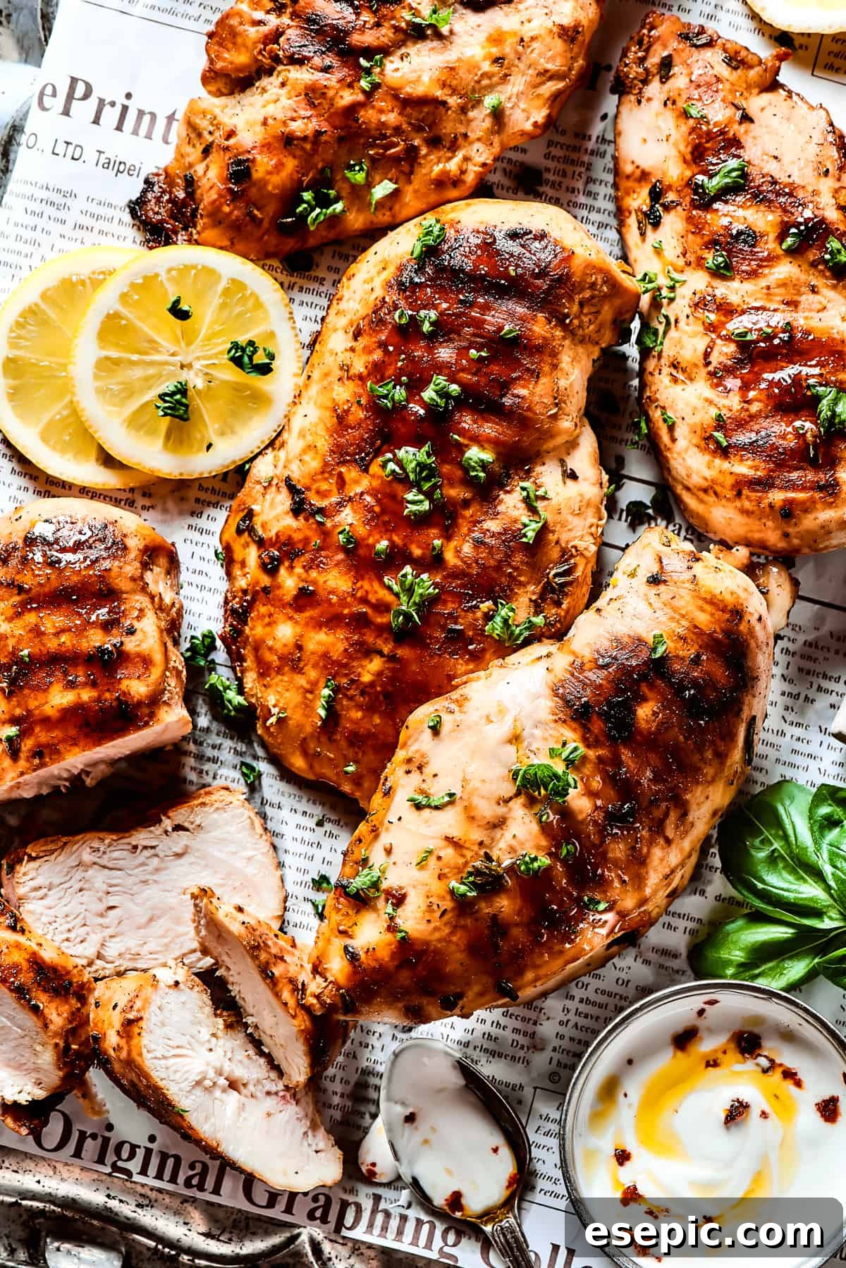 A metal tray with cooked, marinated chicken.