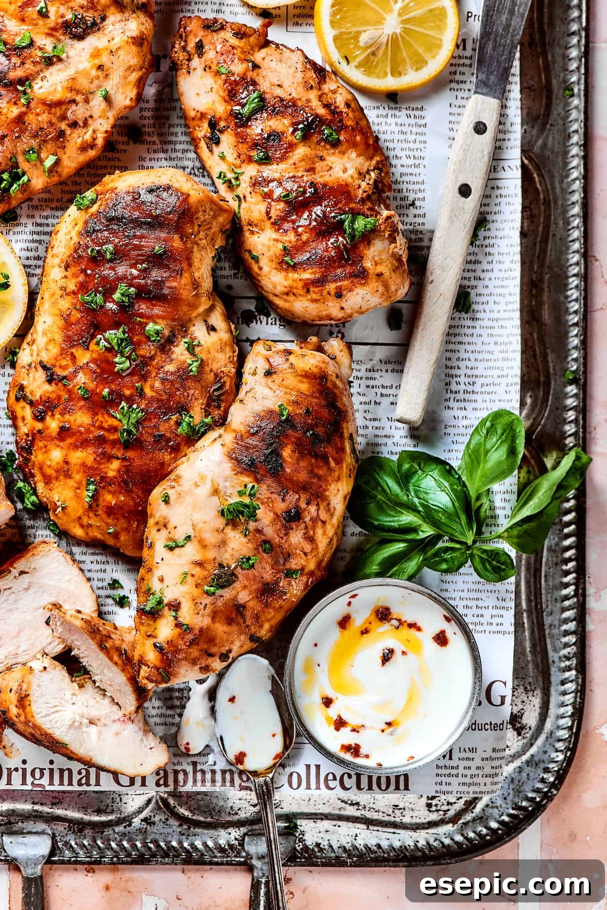 A metal tray of cooked, marinated chicken.