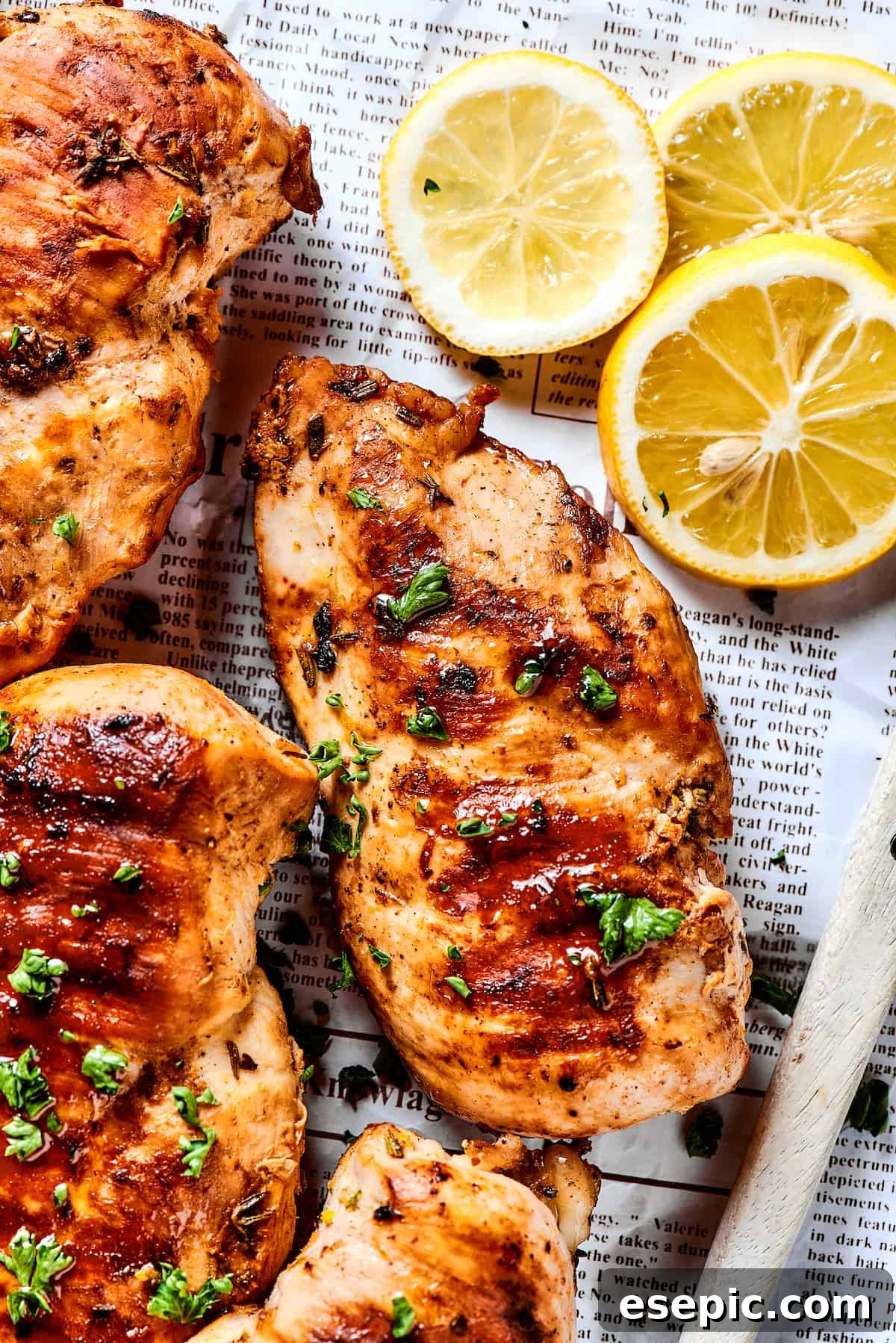 Close-up shot of grilled chicken breast.
