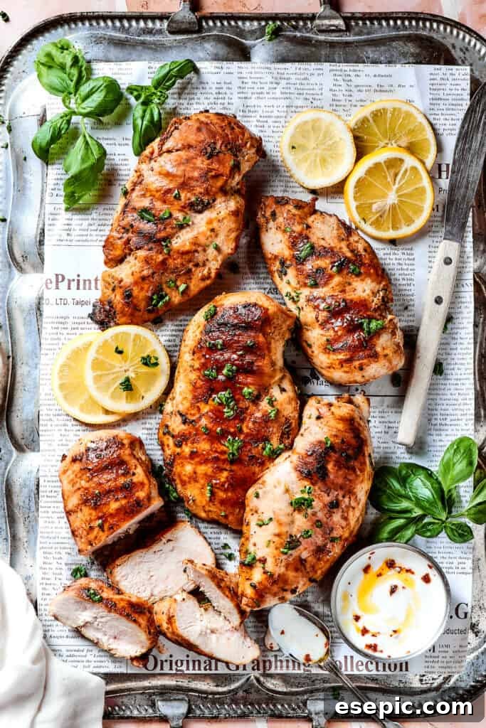 A large platter of grilled lemon chicken breasts.