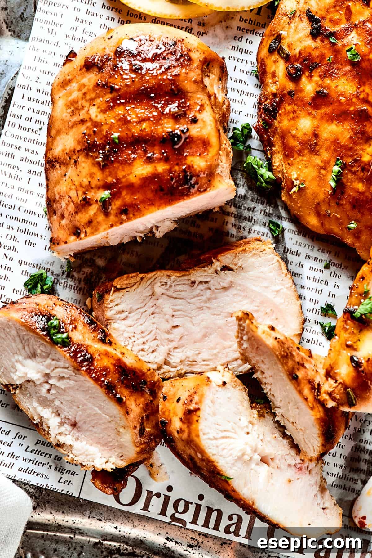 Sliced, cooked chicken breast on a tray.