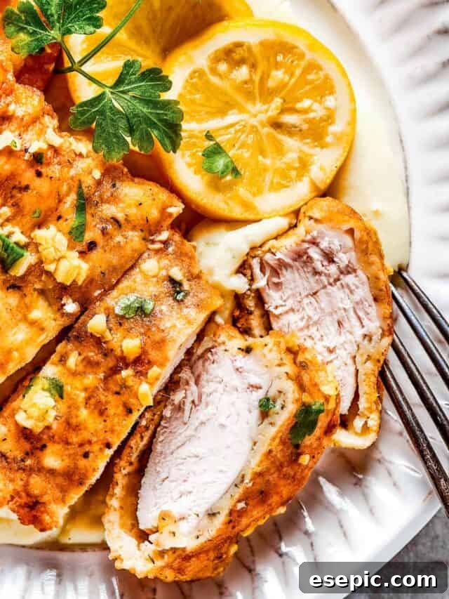 Sliced Breaded chicken with parsley and lemon slices placed next to it.