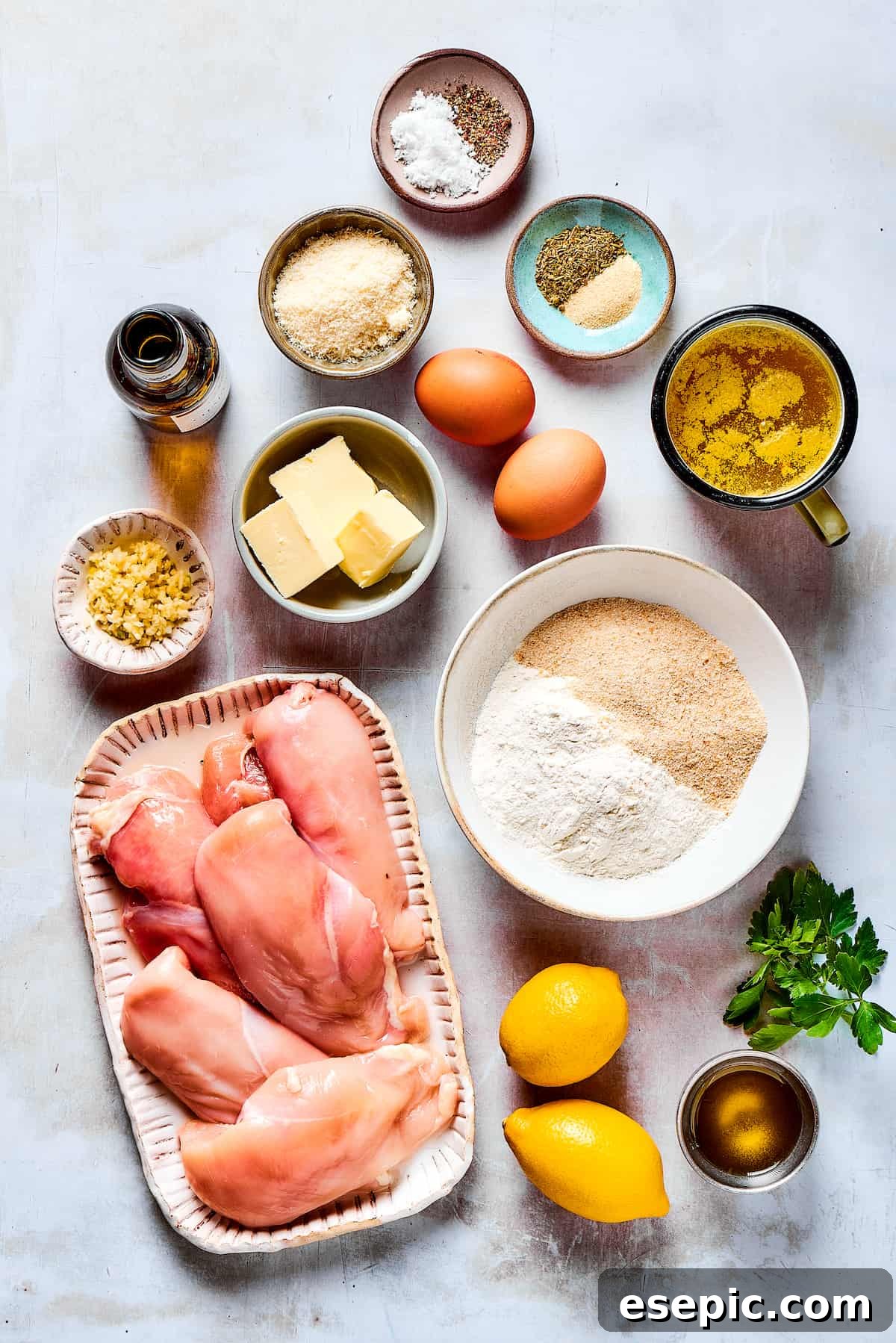 From top: salt, pepper, garlic, Italian seasoning, broth, eggs, breadcrumbs, flour, parsley, olive oil, lemons, chicken breast, butter, garlic, parmesan, white wine.